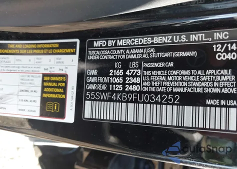 2015 Mercedes-Benz C 300 4Matic из США, поврежденный, VIN 55SWF4KB9FU034252